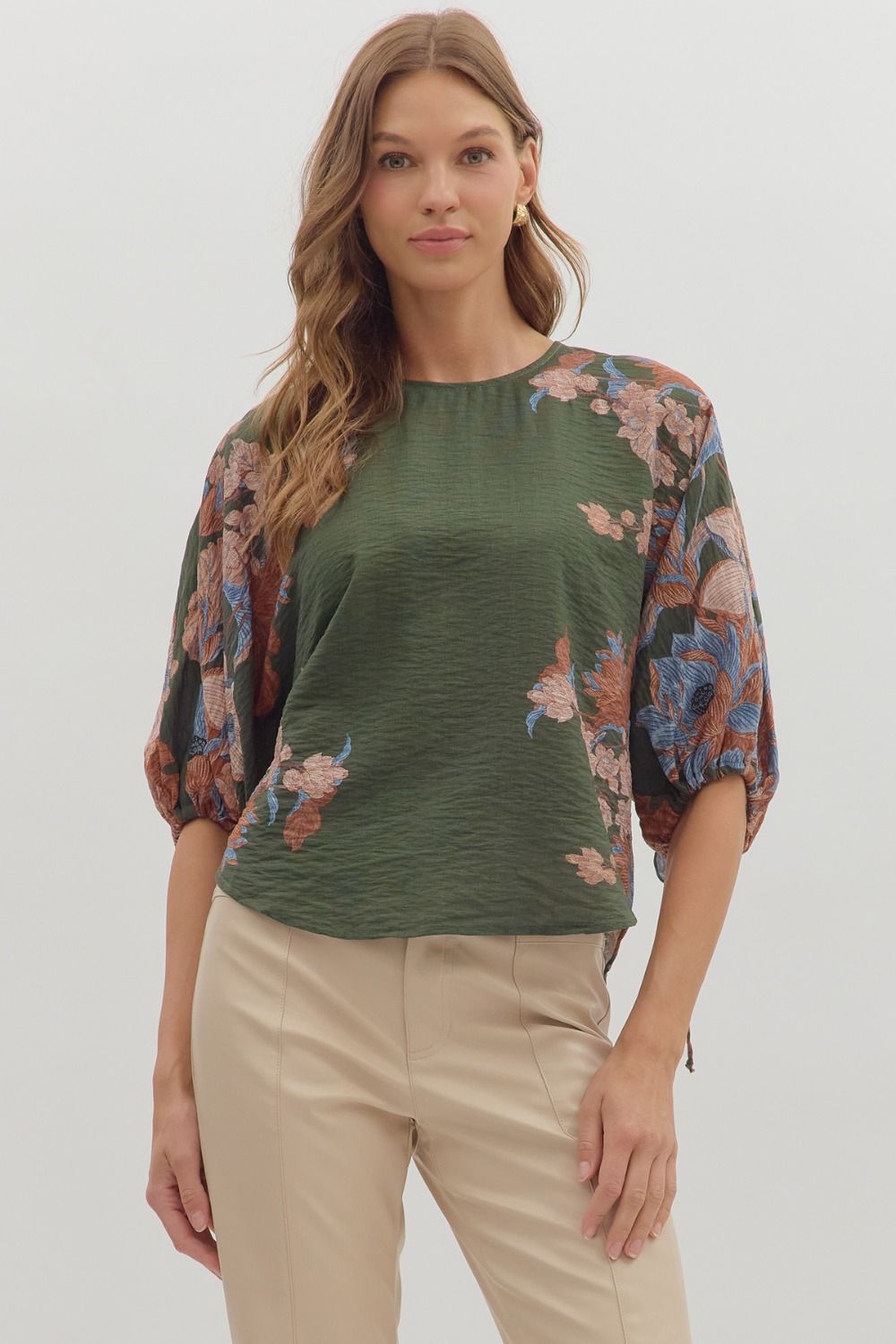 Jenny Botanical Print Top - Olive