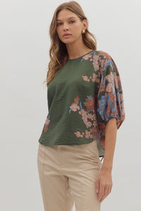 Jenny Botanical Print Top - Olive