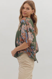 Jenny Botanical Print Top - Olive