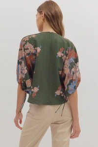 Jenny Botanical Print Top - Olive