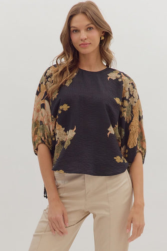 Jenny Botanical Print Top - Black