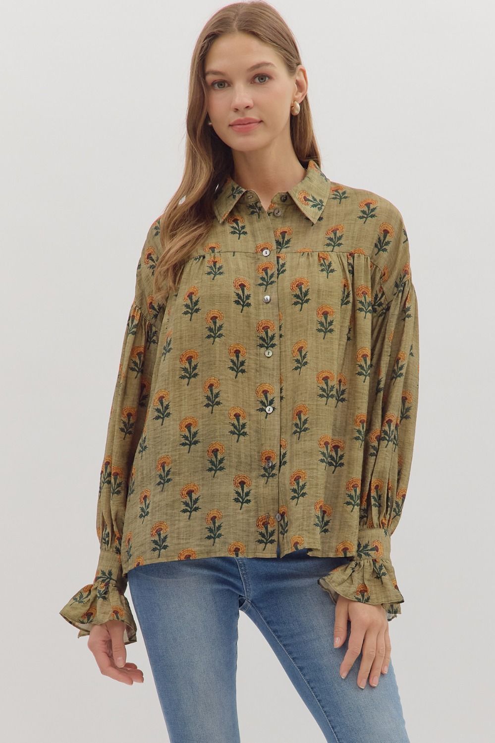 Sunflower Ruffle Button Down - Olive