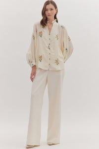 April Floral Embroidered Button Down - Ecru