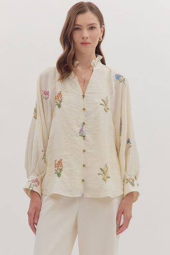 April Floral Embroidered Button Down - Ecru