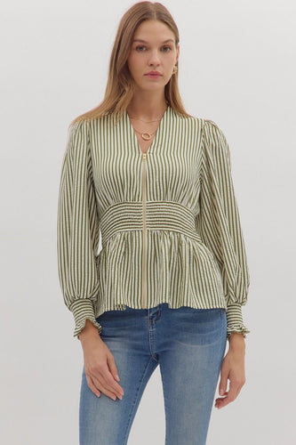 Gemma Striped Peplum Top - Olive
