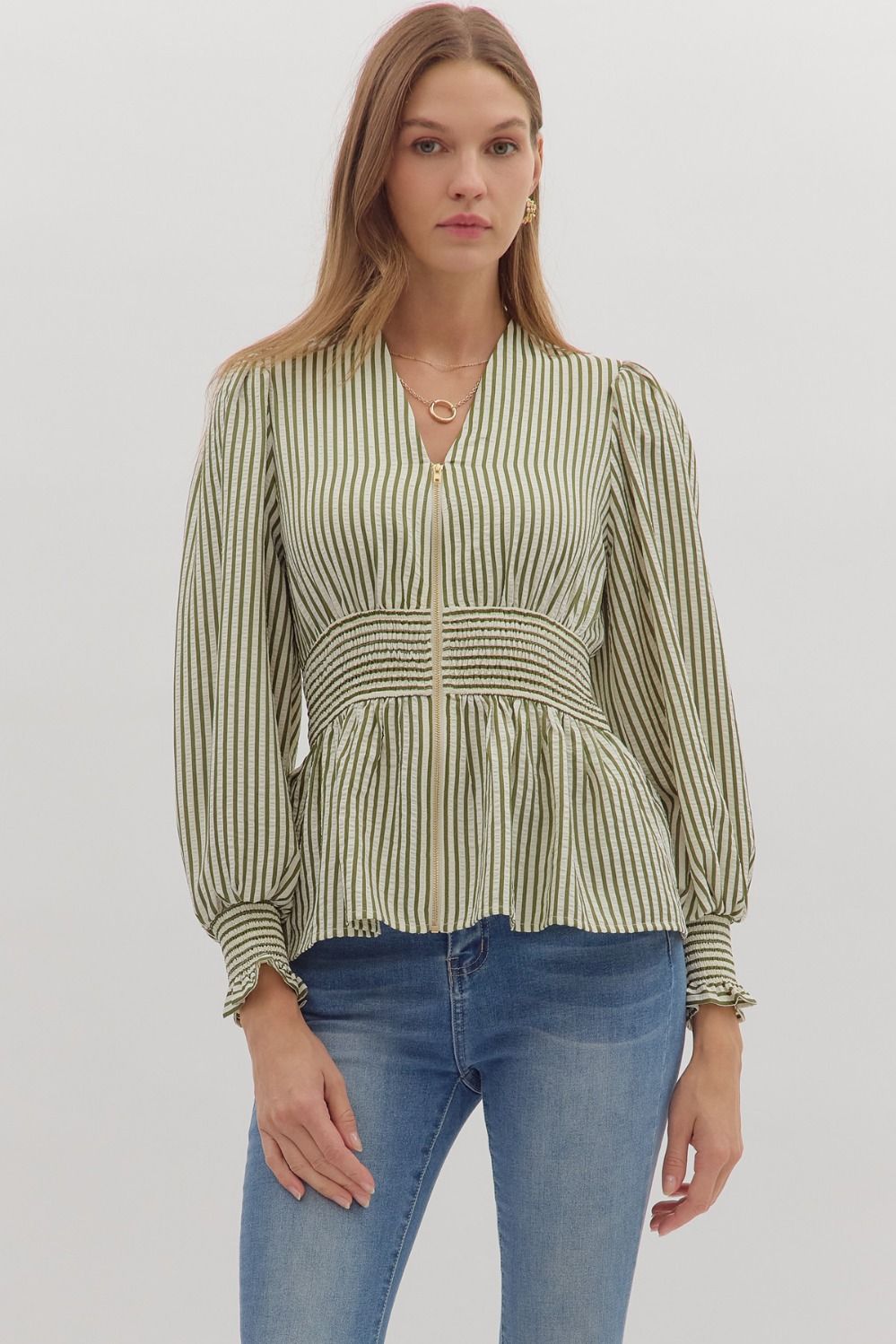 Gemma Striped Peplum Top - Olive