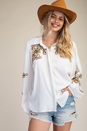 Cowgirl Embroidered Button Down - Ivory