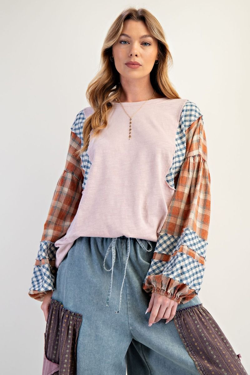 Fun Flannel Patchwork Top - Dusty Rose