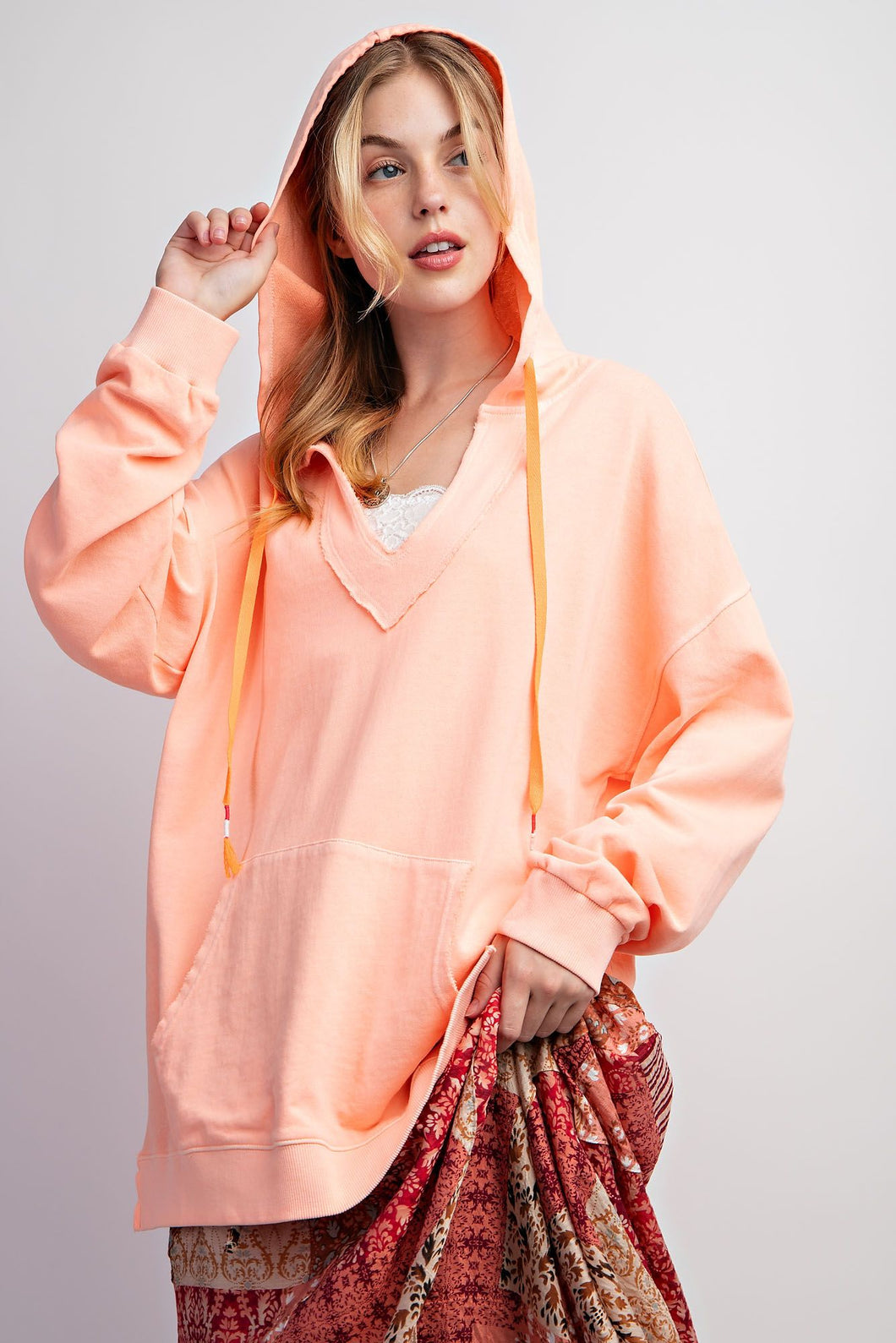 Tried & True Mineral Washed Hoodie by Easel - Neon Coral