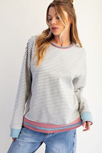 Slow It Down Striped Top - Heather Grey