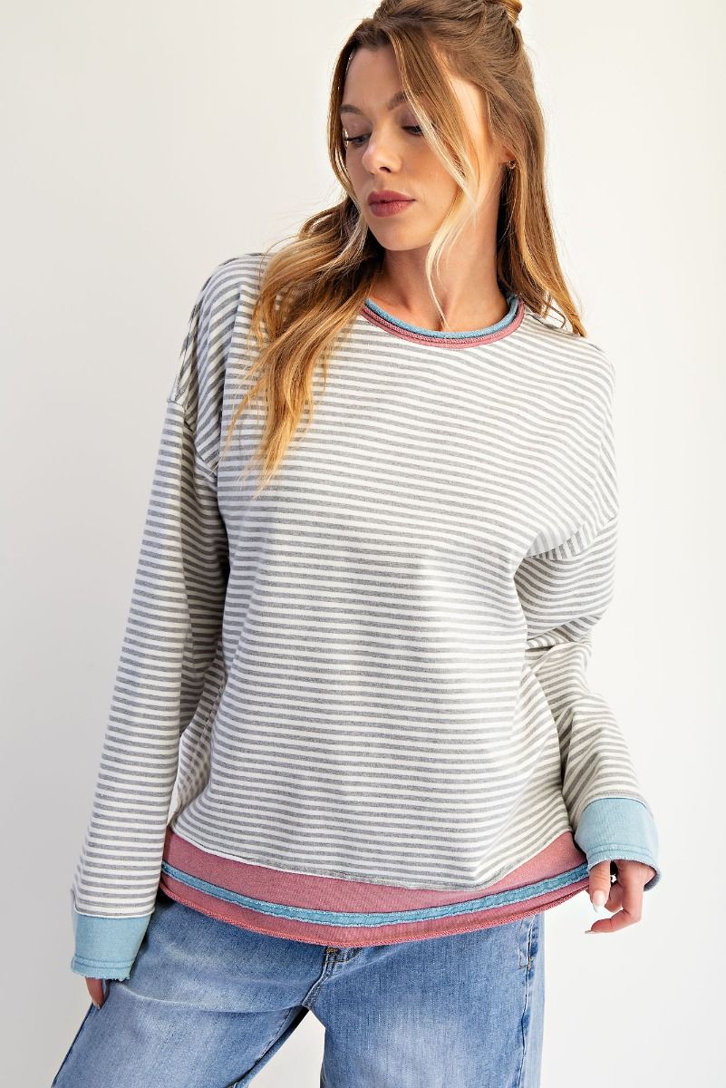 Slow It Down Striped Top - Heather Grey