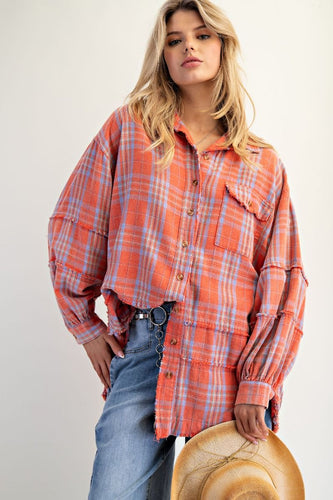 Deb Washed Plaid Button Down - Coral