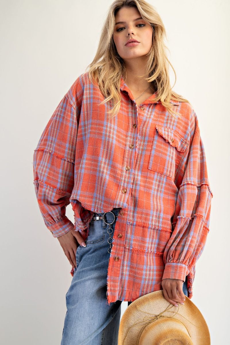Deb Washed Plaid Button Down - Coral