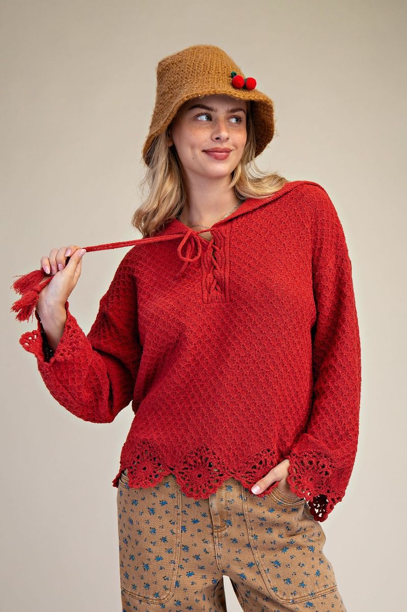 Fireside Crochet Knit Sweater - Boho Red