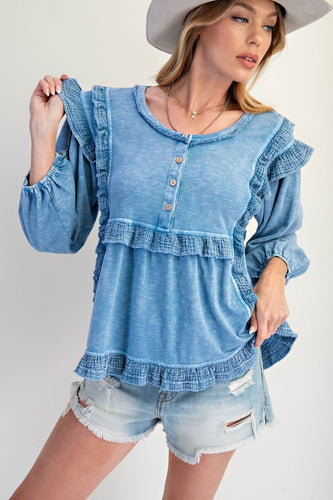 Autumn Afternoon Ruffle Top - Faded Denim