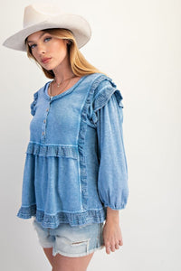 Autumn Afternoon Ruffle Top - Faded Denim