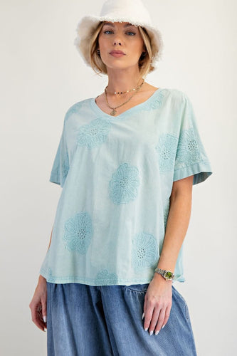 Ella Embroidered Floral Top - Blue *Curvy*