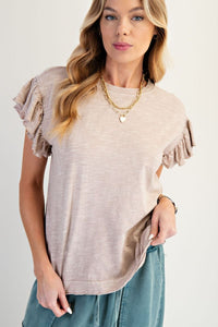 Louisa Mineral Wash Ruffle Sleeve Top - Mushroom