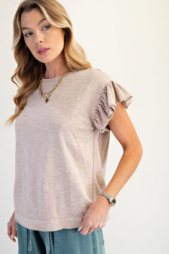 Louisa Mineral Wash Ruffle Sleeve Top - Mushroom