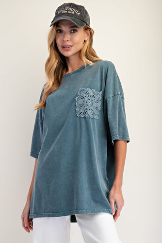 Kaelyn Crochet Pocket Tee - Faded Teal