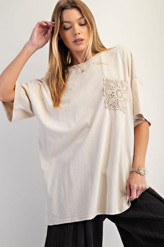 Kaelyn Crochet Pocket Tee - Light Khaki