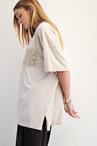 Kaelyn Crochet Pocket Tee - Light Khaki