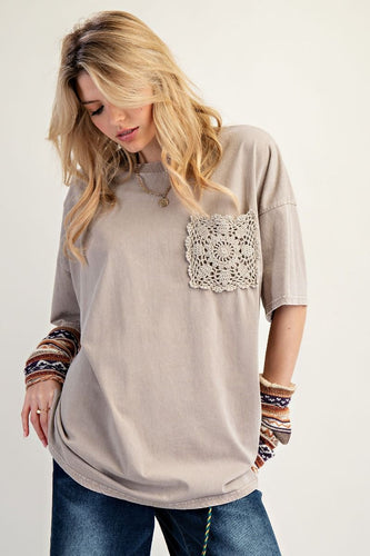 Kaelyn Crochet Pocket Tee - Mushroom