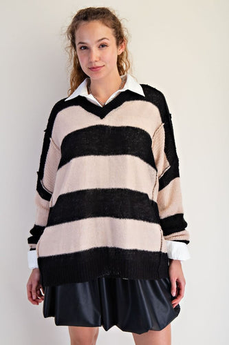 Striped Rugby Sweater - Black & Natural