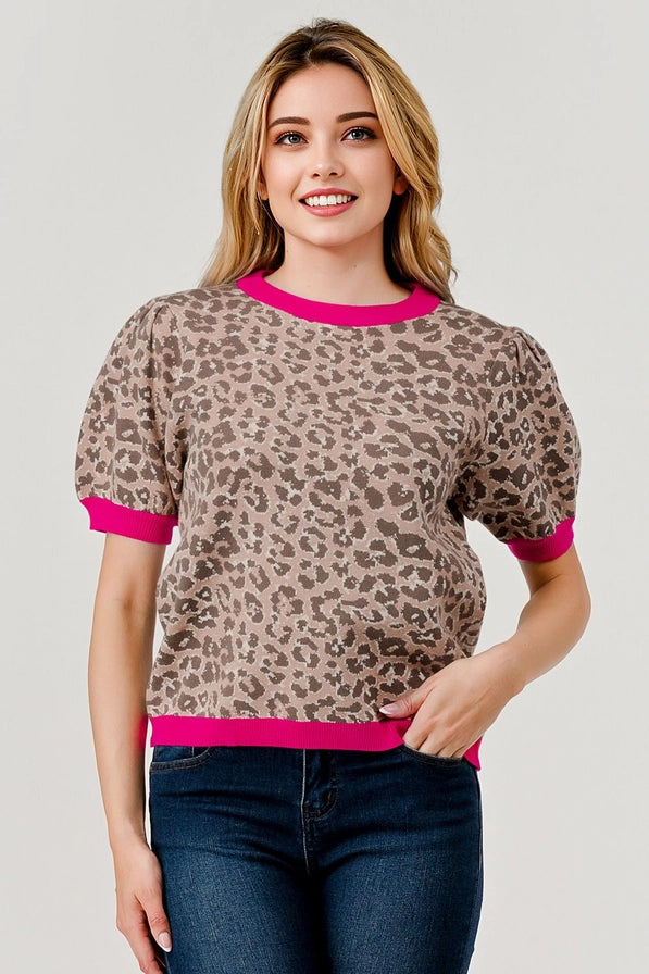 Valerie Cheetah Top - Pink Trim