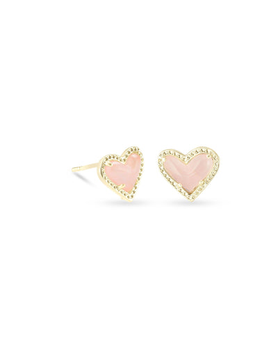 Kendra Scott Framed Ari Heart Gold Stud Earrings in Rose Quartz