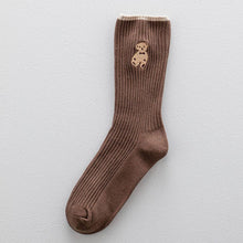 Load image into Gallery viewer, Brown Bear Embroidery Cotton Crew Socks -Ivory