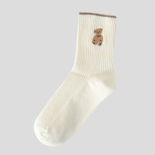 Load image into Gallery viewer, Brown Bear Embroidery Cotton Crew Socks - Beige