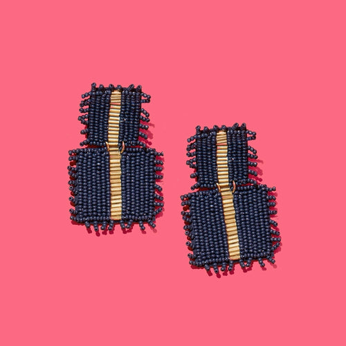 Pierce + Hide Beaded Fringe Square Drop Earrings - Navy
