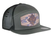 Load image into Gallery viewer, Buck Old School Camo Brown Leather Patch Hat. 7-Panel Trucker Snapback Hat. Hand Burnished Leather Patch: Brown/Khaki