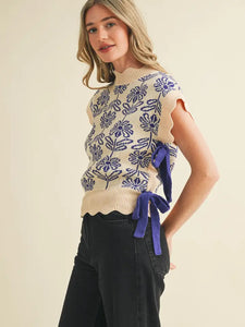 Fancy Floral Bow Tie Sweater Vest - Crown Blue