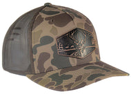 Buck Old School Camo Trucker Hat. Hand Burnished patch