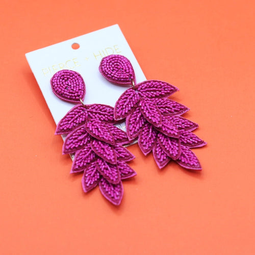Pierce + Hide Beaded Leaf Drop Earrings - Hot Pink