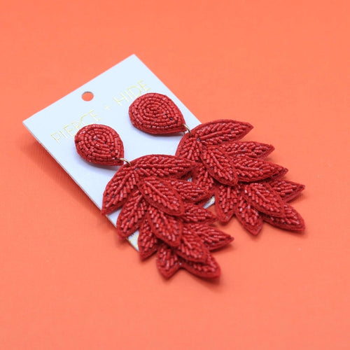 Pierce + Hide Beaded Leaf Drop Earrings - Red