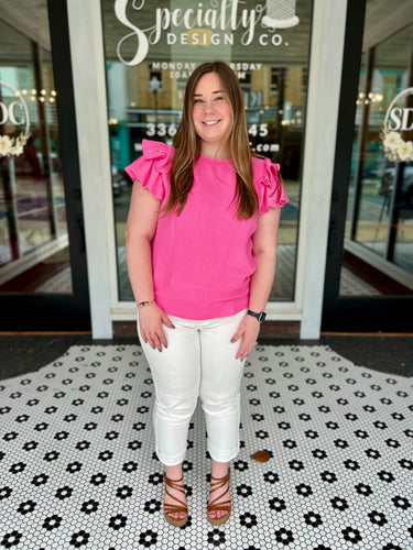 Linen Ruffle Sleeve Top - Pink