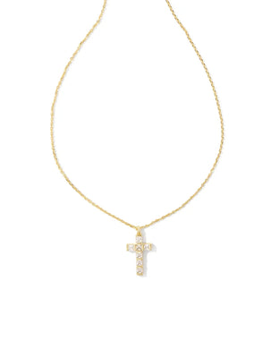 Kendra Scott Gracie Cross Gold Pendant Necklace in White Crystal