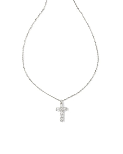 Kendra Scott Gracie Cross Silver Pendant Necklace in White Crystal