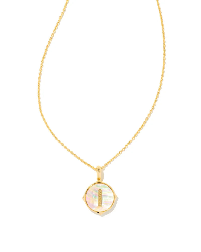Letter I Gold Disc Reversible Pendant Necklace in Iridescent Abalone by Kendra Scott