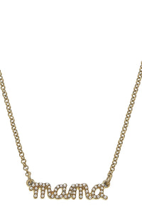Canvas Mama Pearl Studded Script Necklace in Worn Gold