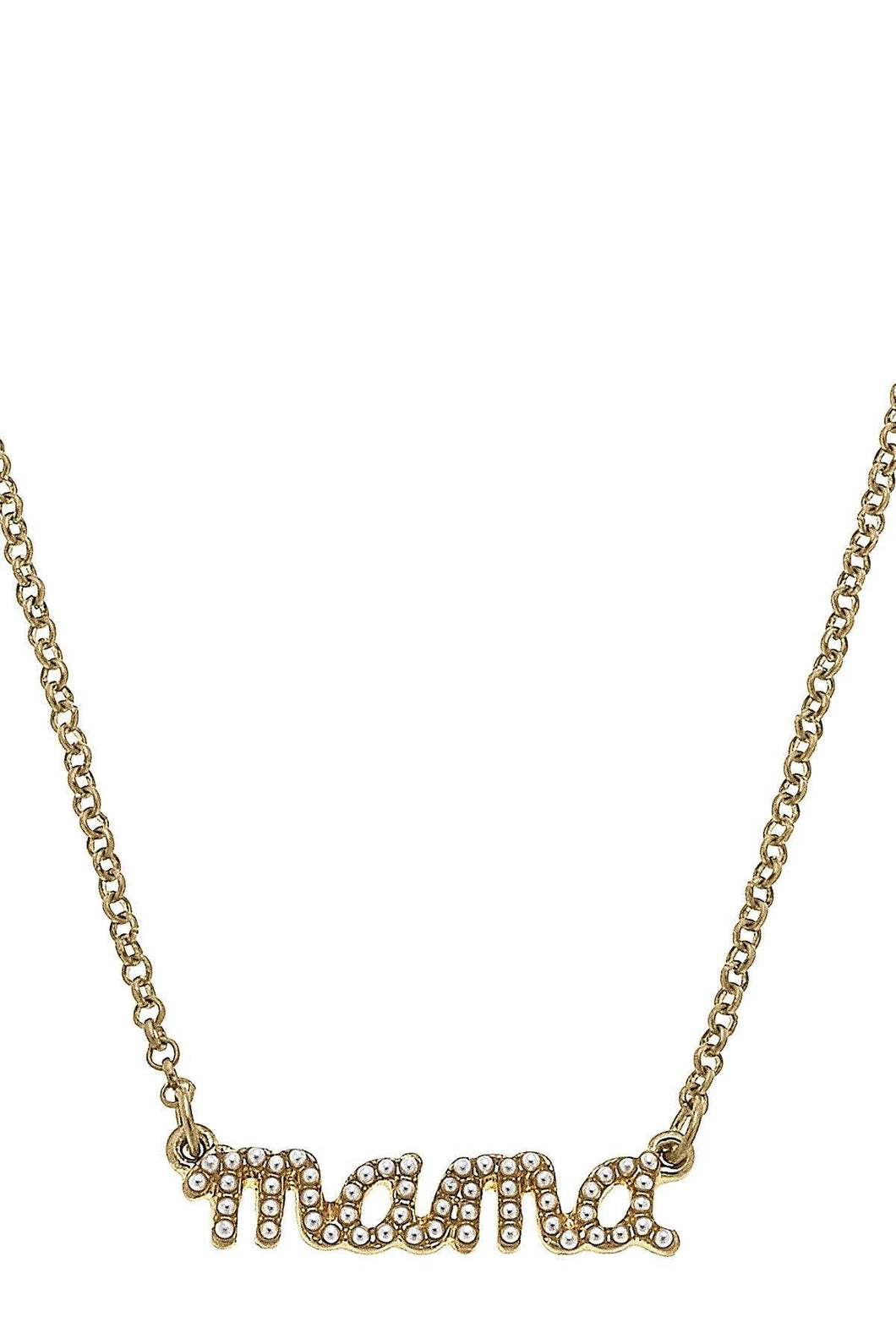 Canvas Mama Pearl Studded Script Necklace in Worn Gold