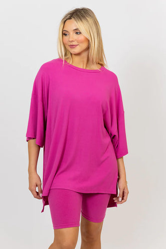 KARLIE Ribbed Knit Oversized Tee - Hot Pink