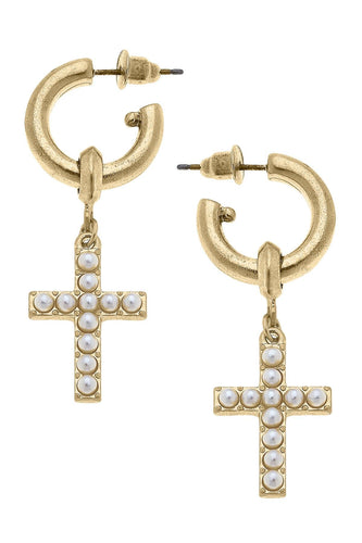 Canvas Meryl Pearl Studded Cross Drop Hoop Earrings in Worn Gold