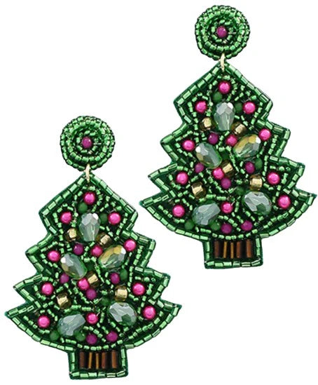 Pierce + Hide Green Beaded Christmas Tree Earrings