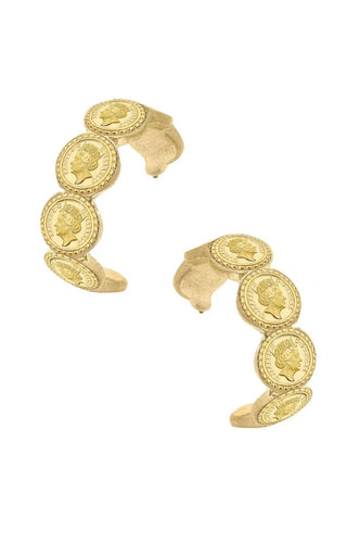 Canvas Queen Elizabeth Coin Hoop Earrings in Worn Gold