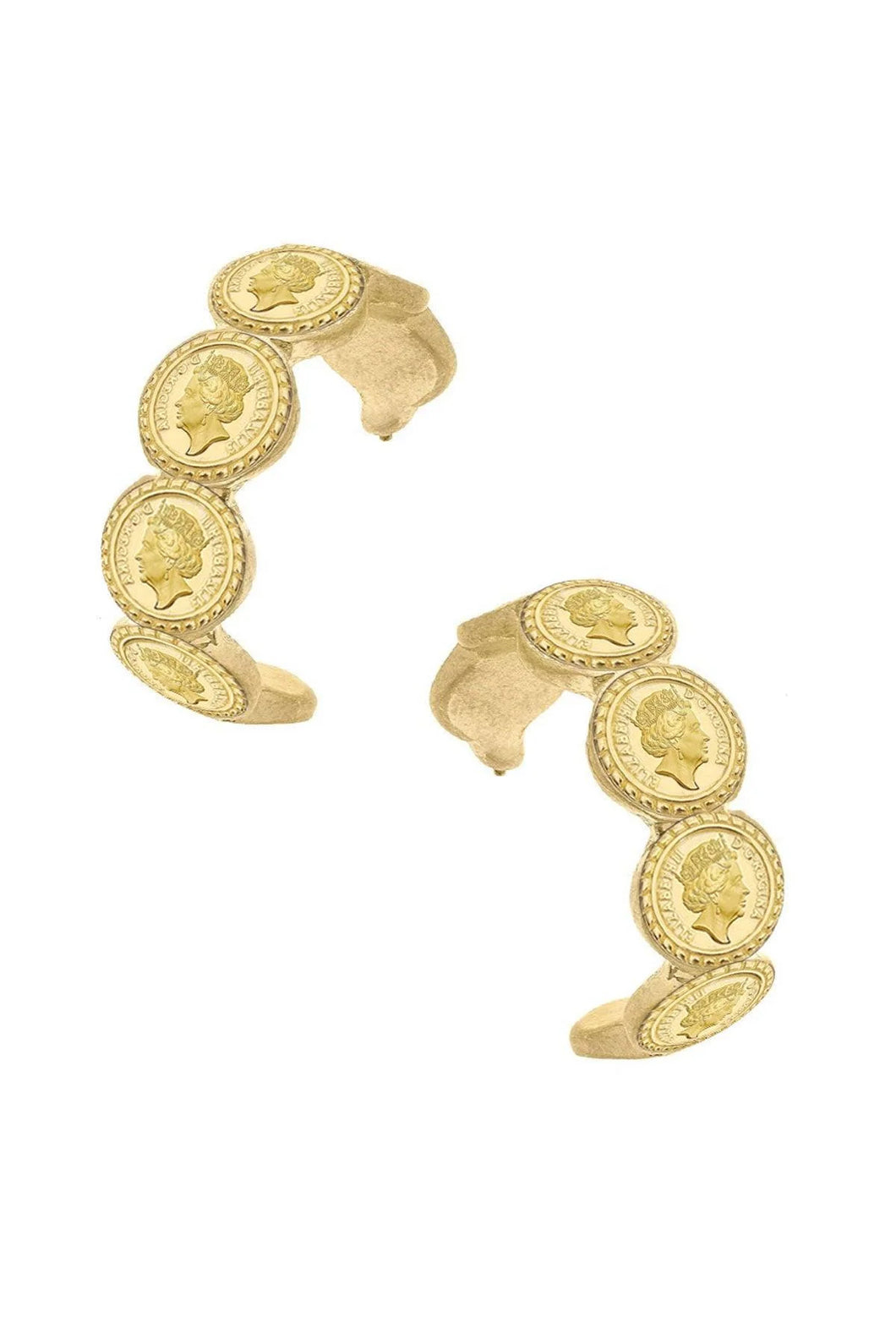 Canvas Queen Elizabeth Coin Hoop Earrings in Worn Gold
