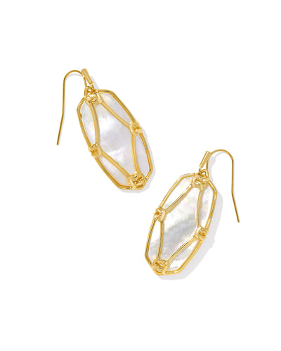Kendra Scott Elle Lattice Frame Gold Drop Earrings in Ivory Mother of Pearl